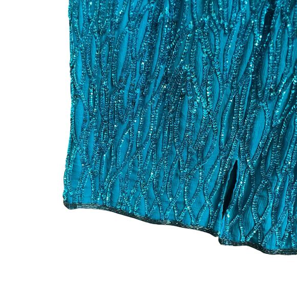 Vintage Stenay 100% Silk Aqua Full Sequin Cocktail Dress Beaded Neck Womens 8 - Picture 6 of 6